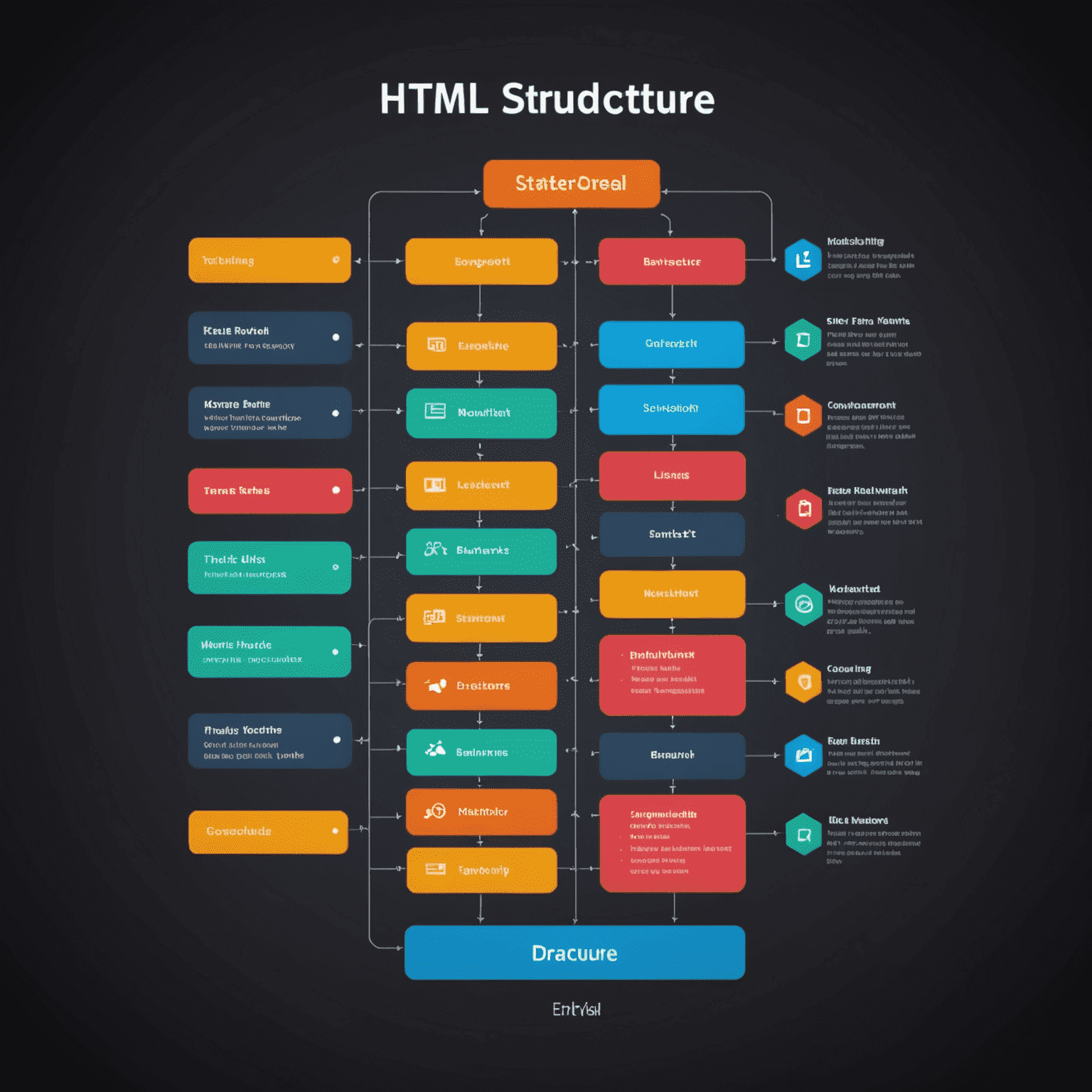 Imagen que muestra una estructura básica de HTML con etiquetas y elementos resaltados en colores brillantes sobre un fondo oscuro